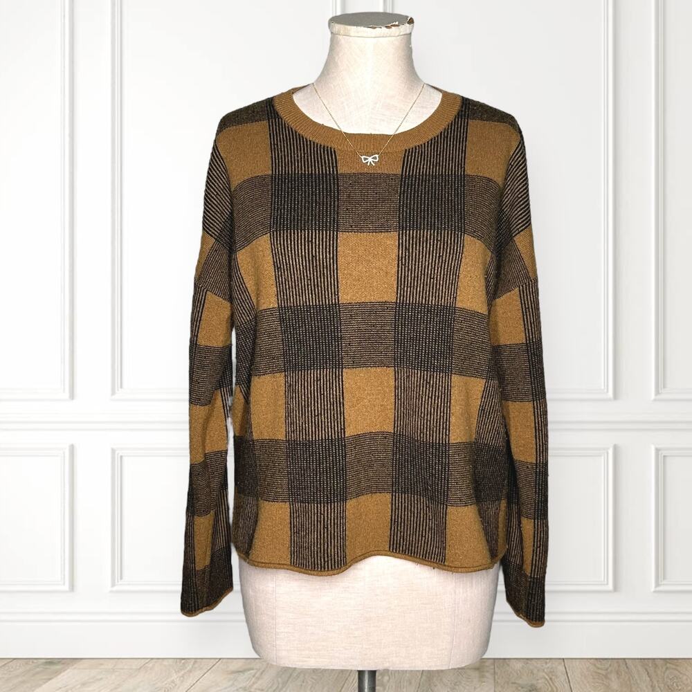 MADEWELL Merino Wool Alpaca Sweater Inkcheck Plaid Golden Brown Cozy Relaxed M